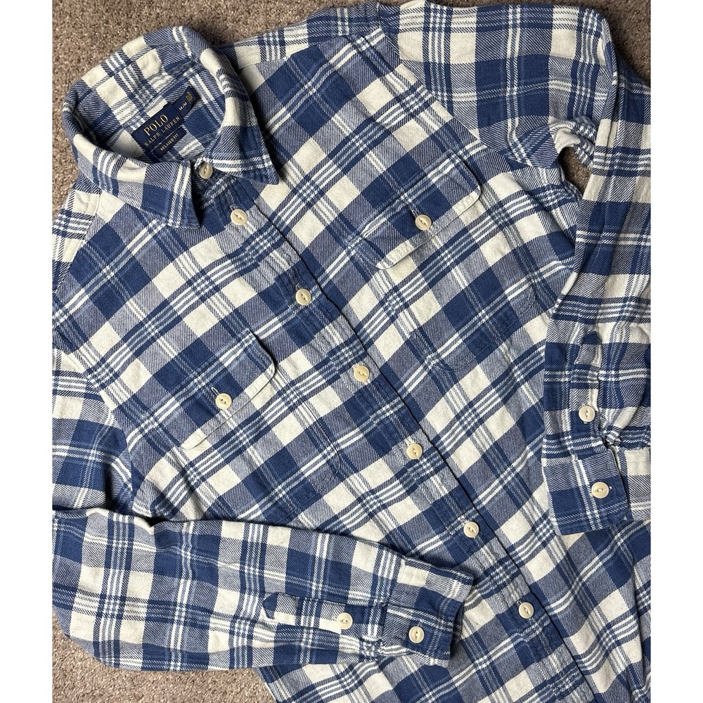 Polo Ralph Lauren Men's Medium Long Sleeve Flannel Blue Plaid Shirt Relaxed Fit
